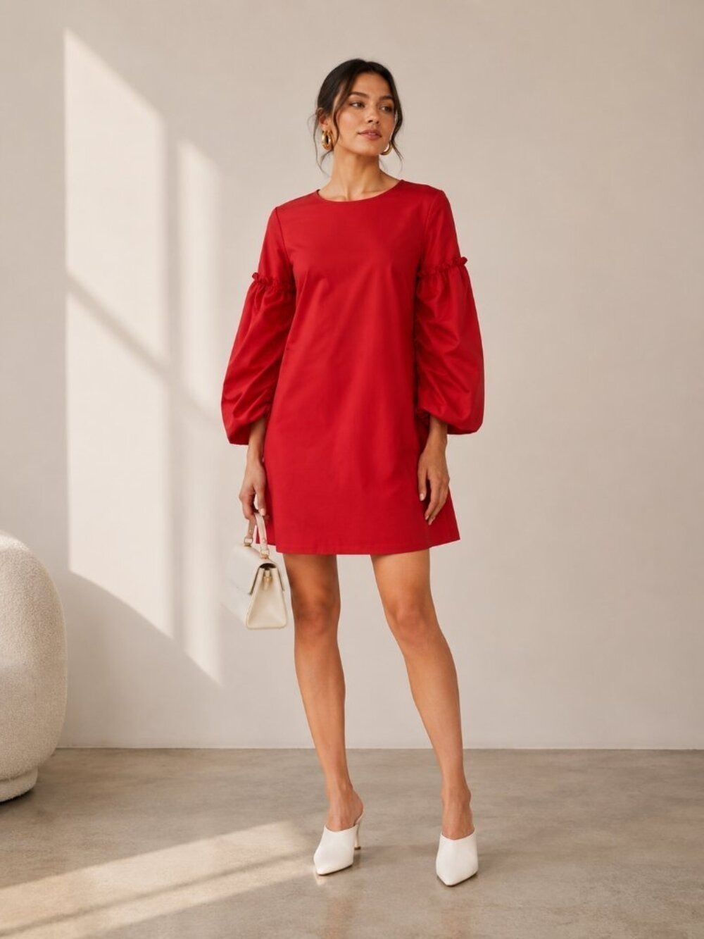 #45 Halogen Red Puff Sleeve Shift Dress Small | Quiet Luxury 0270